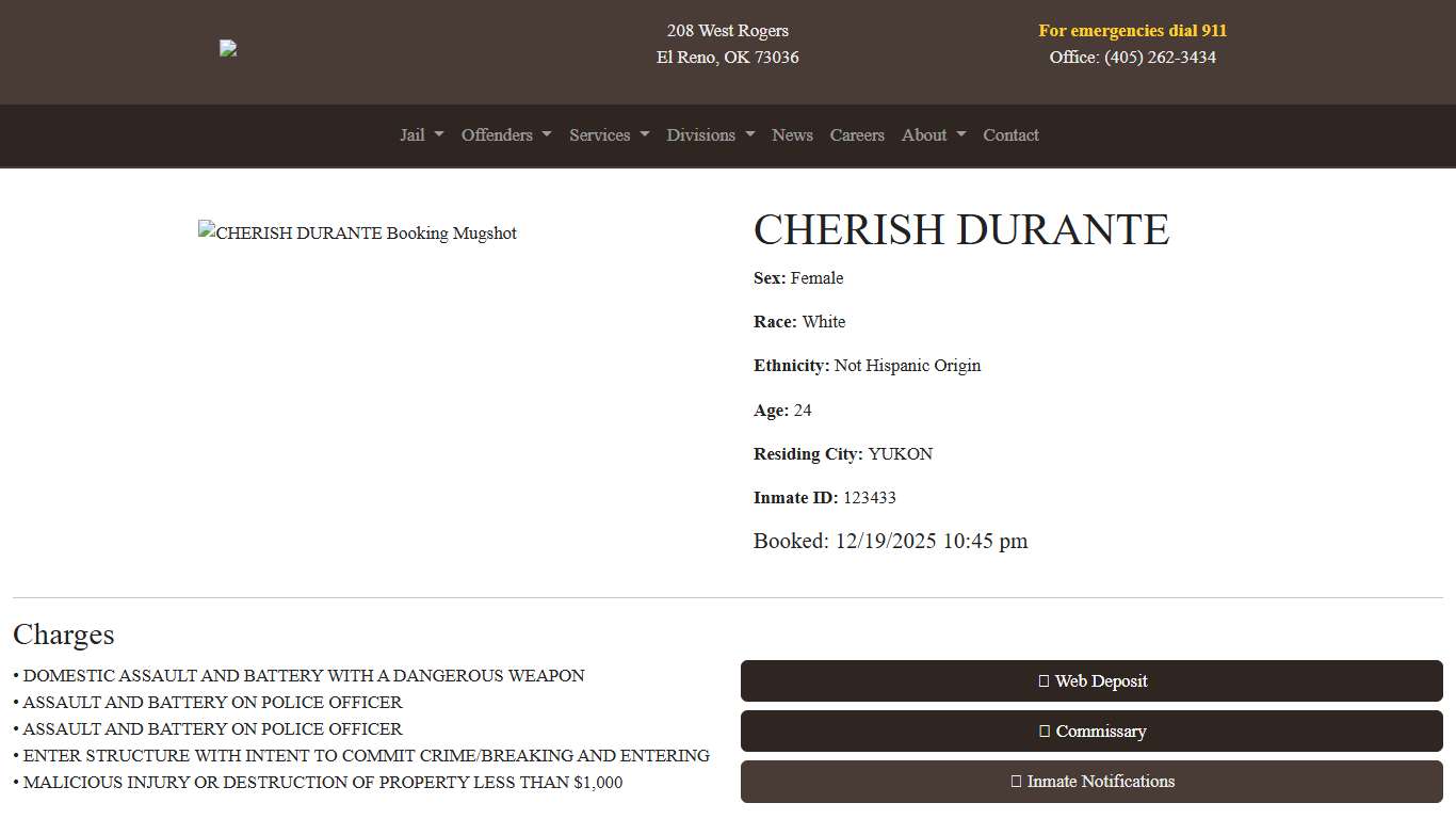 CHERISH DURANTE Booked at the Canadian County Jail